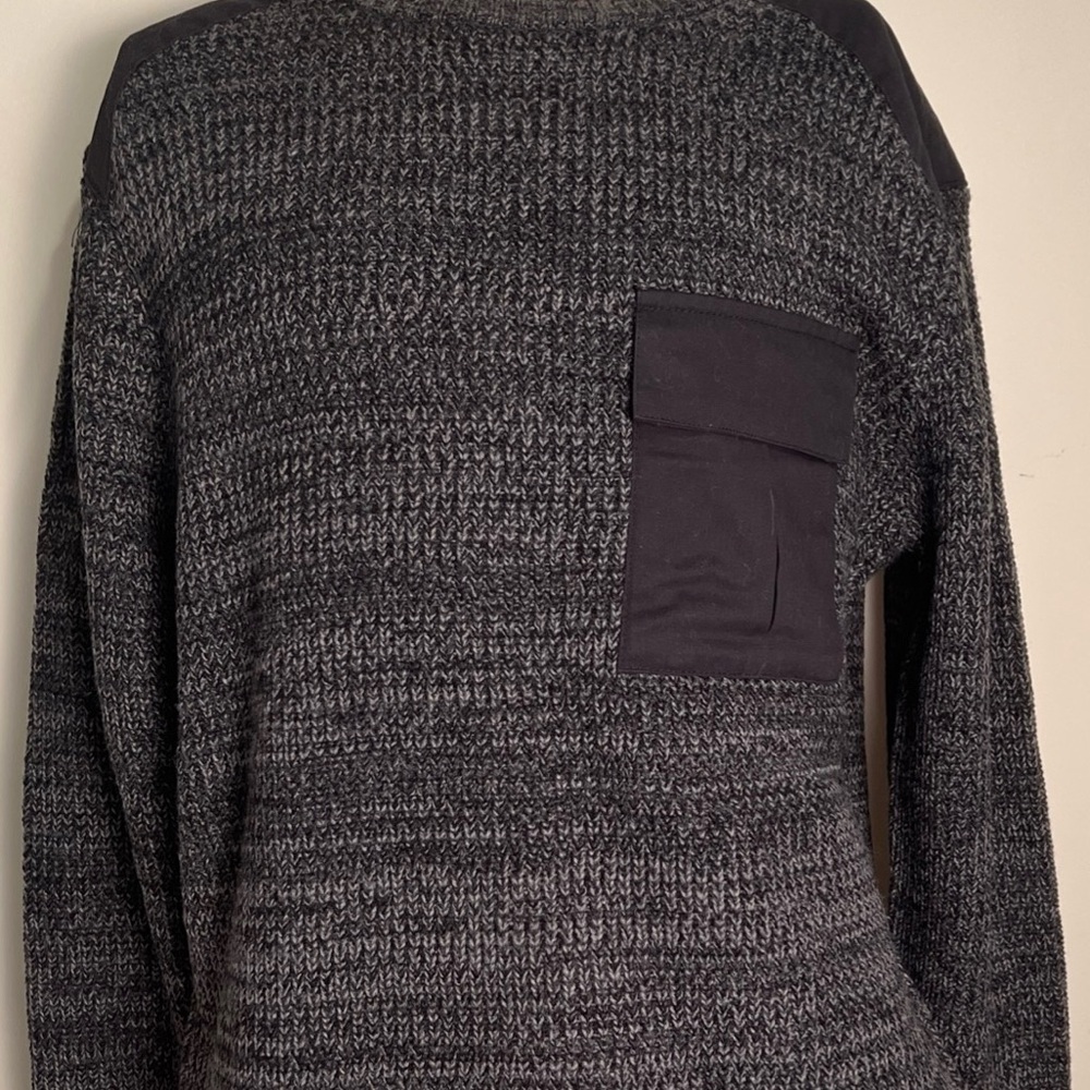 JOES men's black cableknit sweater Large suede shoulders pocket long sleeve